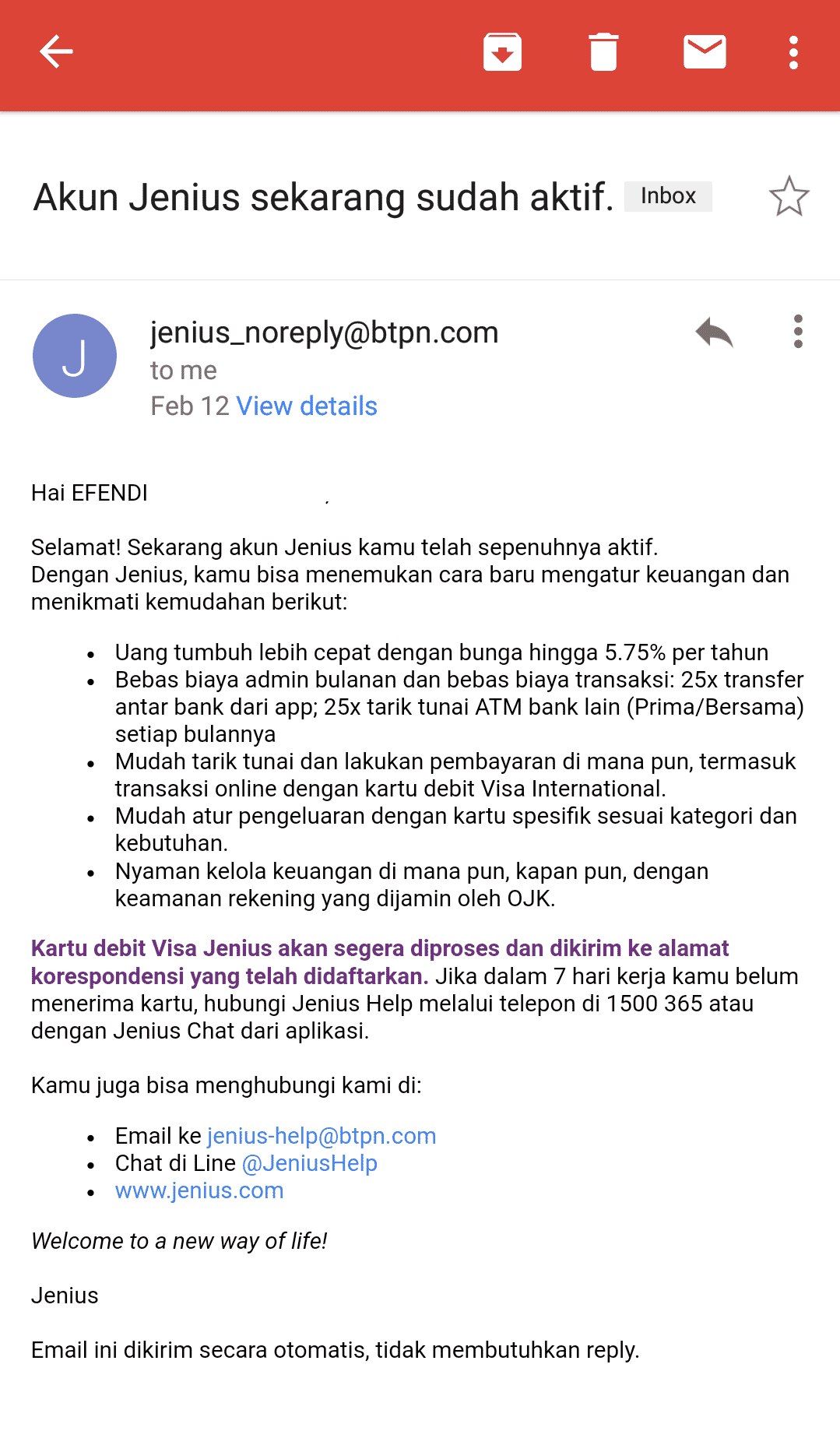 Pemberitahuan akun sudah aktif via email
